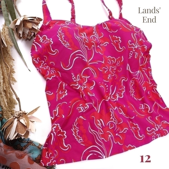 New Lands End Pink Red Swim Tank Top Sz 12 - Picture 1 of 9